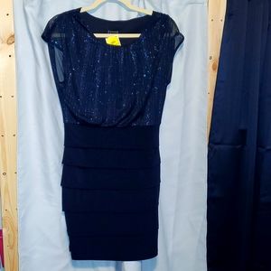 NWT Enfocus Studio Navy dress with metallic overlay top and ruffled skirt